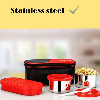 queen's kitchenware Steel Lunch box 3container RedMini_3_Lunchbox_Red_A29 3 Containers Lunch Box(1200 ml)