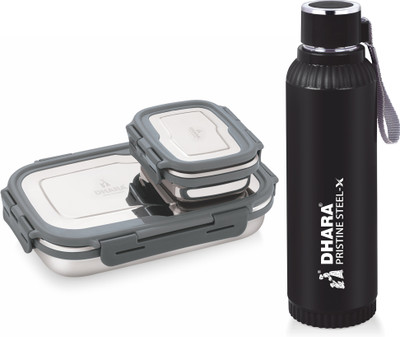 Dhara Stainless Steel Quench 700 ml Water Bottle + Blaze Tiffin Box 900ml and 200ml,(Black) 2 Containers Lunch Box(1100 ml) Dhara Stainless Steel Quench 700 ml Water Bottle + Blaze Tiffin Box 900ml and 200ml,(Black) 2 Containers Lunch Box(1100 ml)