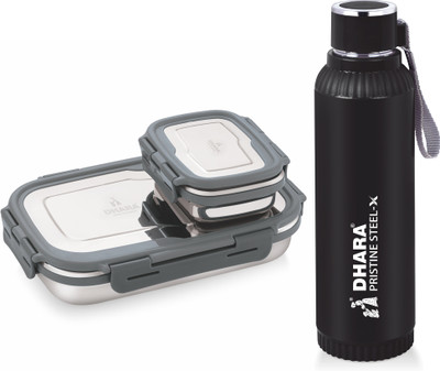 Dhara Stainless Steel Quench 700 ml Water Bottle + Blaze Tiffin Box 900ml and 200ml,(Black) 2 Containers Lunch Box(1100 ml)