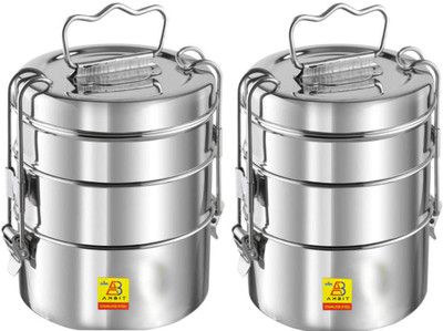 Ambit Stainless steel size 8*3 clip carrier lunch box pack of 2 3 containers 900ml 3 Containers Lunch Box(900 ml)