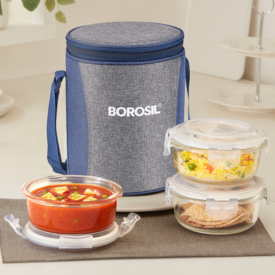 BOROSIL Alora Borosilicate Glass Lunchbox, 3 pc Round Set (400 ml Each), Office Tiffin 3 Containers Lunch Box(1200 ml)
