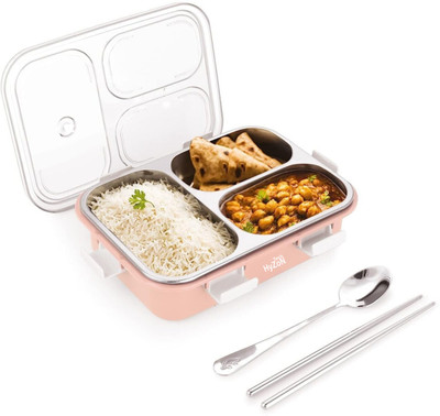 Hyzon Tech Leak Proof 3 Compartment Stainless Steel Tiffin Boxes With (1 SPOON & CHOPSTICK) 3 Containers Lunch Box(750 ml, Thermoware)