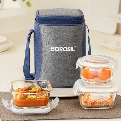 BOROSIL Alora Borosilicate Glass Lunchbox, 3pc Set (320ml x 2 + 240ml x 1) Office Tiffin 3 Containers Lunch Box(880 ml)