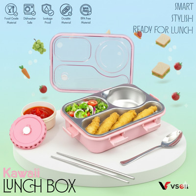 VSELL Lunch Box 3 Compartment Leakproof, Stainless Steel, With chopstick 3 Containers Lunch Box(750 ml, Thermoware)