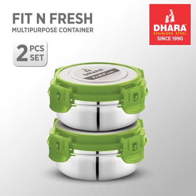 Dhara Stainless Steel Fit N Fresh Tiffin Box Containers With Four Side Clips Lock Airtight Lid Green 2 Containers Lunch Box(300 ml)