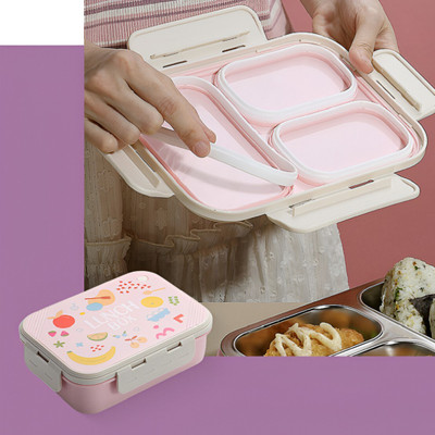 NARV Cute Kids Cartoon Print Lunch Box with Stainless Steel Compartments Clip Lock 3 Containers Lunch Box(750 ml)