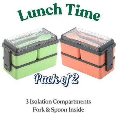 Tanira Combo of 2 Double Decker office Lunch Box 3 Section Containers & 2 Spoon(1500ml) 3 Containers Lunch Box(1500 ml, Thermoware)