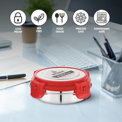 Dhara Stainless Steel Fit N Fresh Tiffin Box Containers With Four Side Clips Lock Airtight Lid Red 2 Containers Lunch Box(200 ml)