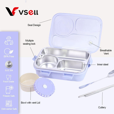 VSELL Lunch Box 3 Compartment Leakproof, Stainless Steel, With Chopstick 3 Containers Lunch Box(750 ml, Thermoware)