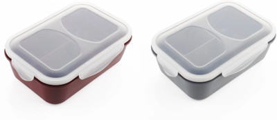 MAGICSPOON 3 Section Lunch Box with Spoon & Fork with Air Tight Lid (Grey,Maroon,1200 ml) 2 Containers Lunch Box(1200 ml)