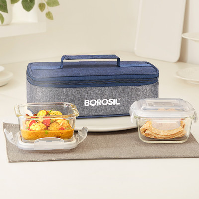 BOROSIL Alora Glass Lunchbox, 2 pc Square Set (320 ml Each), Horizontal 2 Containers Lunch Box(800 ml)
