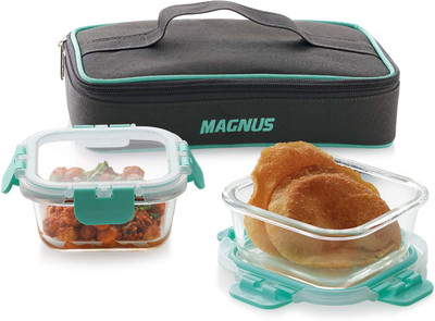 Magnus Glock Solid Glass Lunch Box with Flat Pouch and Detachable Clip 2 Containers Lunch Box(640 ml)
