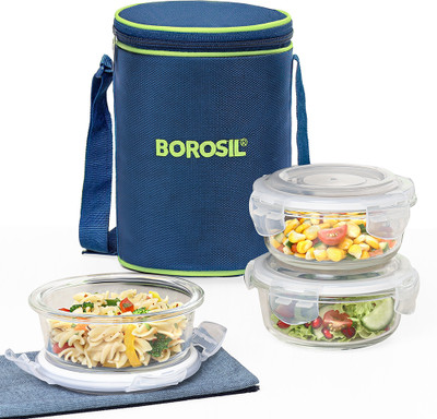BOROSIL Blue Bag Lunch Box with Bag, 3 Pc (400 ml x 2 Round) Tiifin, Vertical 3 Containers Lunch Box(400 ml)