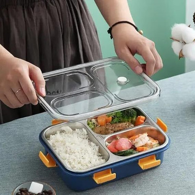 FORSQUARE 3 Compartment Lunch Box with 1 Spoon Leak Proof Microwave Freezer Safe 1 Containers Lunch Box(750 ml, Thermoware)