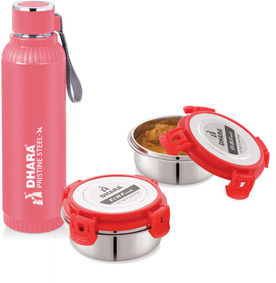 Dhara Stainless Steel Fit N Fresh Tiffin Box Containers Red 400 ml Each + Quench Bottle 700 ml Pink 2 Containers Lunch Box(800 ml)