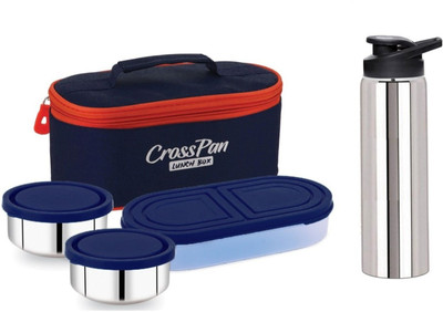 CrossPan Stainless Steel Lunch Box/Tiffin Box with 750 ml SS Water Bottle 3 Containers Lunch Box(1060 ml)
