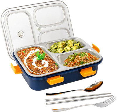 FUNVERSE Stainless Steel Lunch Box with 3 Compartment with Spoon for Kids & Adults 3 Containers Lunch Box(750 ml)