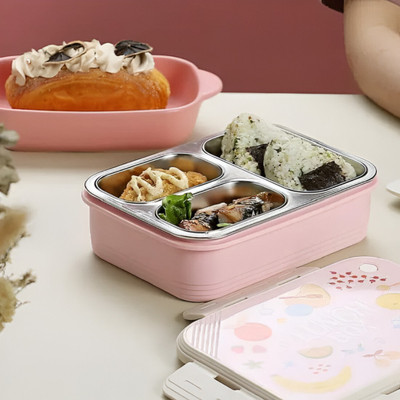 ZingZest Clip Lock Stainless Steel Kids Lunch Box with Cartoon Printed Outer Shell Case 3 Containers Lunch Box(750 ml)