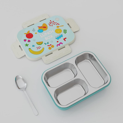 Tensha Kids Bento Stainless Steel Lunch Box with 3 Food Compartments Cartoon Print 3 Containers Lunch Box(750 ml)