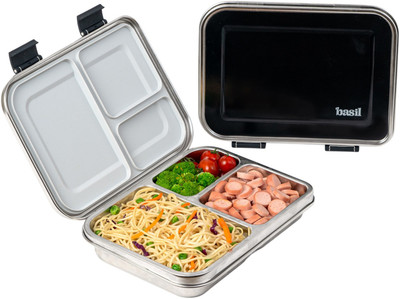 BASIL Bento Box Neo 975ml, 3 Compartment Leak-Proof Tiffin - Black 1 Containers Lunch Box(975 ml)