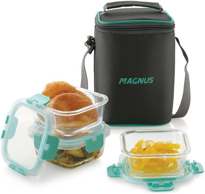 Magnus Glock Solid Glass Lunch Box with Vertical Pouch and Detachable Clip 3 Containers Lunch Box(960 ml)