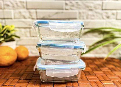 Lemon Tree Rectangle Borosilicate Glass Bowl Lunch Box Tiffin Container with Air Tight Lid 3 Containers Lunch Box(330 ml, Thermoware)