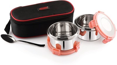 MARU Stainless Steel Lunch Box Tiffin Containers with Steel lids | 1 Insulated Bag, 2 containers and 1 Spoon | Airtight Leakproof Steel lid - Sea Pink 2 Containers Lunch Box(700 ml)