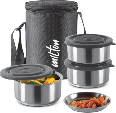 MILTON Ambition 3 Stainless Steel Tiffin, 300 ml Each with Jacket, Black 3 Containers Lunch Box(900 ml)