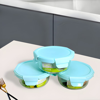 Lemon Tree Round Borosilicate Glass Food Storage Lunch Box Tiffin with Airtight LID, Set of 3 Containers Lunch Box(420 ml, Thermoware)