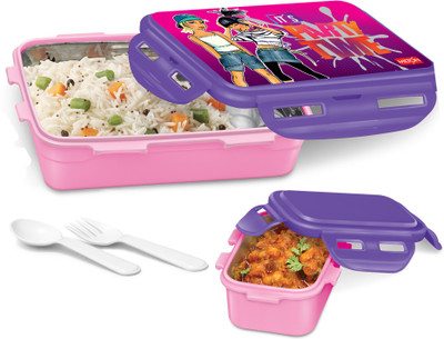 MILTON Mini Fun Treat Inner Stainless Steel Tiffin Box, 650 ml, Spoon and Fork, Pink 2 Containers Lunch Box(650 ml)