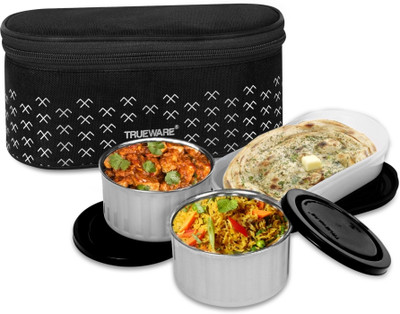 Trueware Meal Plum 300 X 2, 500 X 1 Container Black PP & SS Microwave Safe Lunch Box 3 Containers Lunch Box(1100 ml)