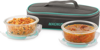 Magnus Vivid Solid Glass with Flat Pouch and Fixed Clip 2 Containers Lunch Box(800 ml)