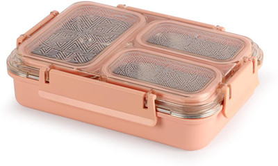 cello Tri Lunch | Silicon Seal in The Lid | 4 Sided Click Locks | Peach | Inner Steel 1 Containers Lunch Box(700 ml, Thermoware)