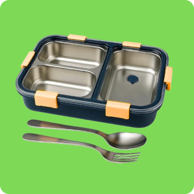 MOIRA INTERNATIONAL 3 Compartment Leakproof, Stainless Steel, With SPOON & FORK_DGG1020 3 Containers Lunch Box(1000 ml, Thermoware)
