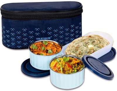 Trueware Meal Plum 300 X 2, 500 X 1 Container Blue PP & SS Microwave Safe Lunch Box 3 Containers Lunch Box(1100 ml)