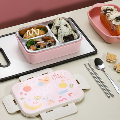 NARV Kids Cartoon Fruit Print Clip Lock Lunch Box with 3 Stainless Steel Compartments 3 Containers Lunch Box(750 ml)