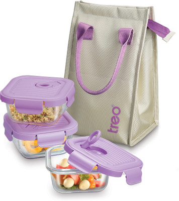 TREO Lumino Fresh Square Borosilicate Glass Tiffin Box Set of 3, Purple 320 ml each 3 Containers Lunch Box(320 ml)