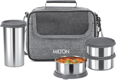 MILTON Daily Meal Lunch Box with Bag, 3 Containers 300 ml each & Tumbler 400 ml Grey 3 Containers Lunch Box(300 ml)