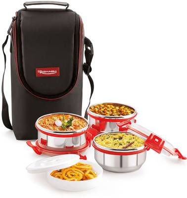 Rishabh Galaxy Stainless Steel 3 Container With 1 Chutney Container Lunch Box 3 Containers Lunch Box