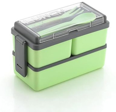 Homieca EcoFresh Dual Bento Thermoware Lunch Box (Green, 2-Layer, with Spoon & Fork) 3 Containers Lunch Box(200 ml, Thermoware)