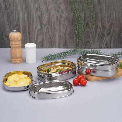 Sumeet Stainless Steel Rectangle Lunch Box with 2 Compartments & Locking Clip, 550ML 2 Containers Lunch Box(550 ml)