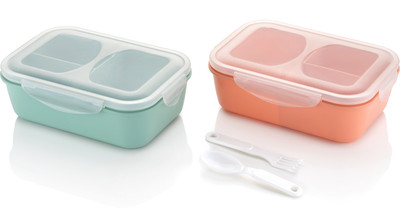 MAGICSPOON 3 Section Lunch Box with Spoon & Fork with Air Tight Lid (Pista,Orange,1200 ml) 2 Containers Lunch Box(1200 ml)