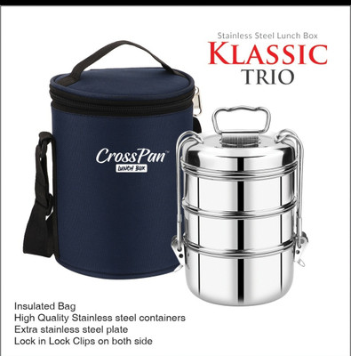 CrossPan Klassic Trio Stainless Steel Cliplock Lunch/Tiffin Box with Insulated Bag 3 Containers Lunch Box(1500 ml)