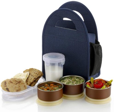 VSELL Stainless Steel 3 Container and 1 Casserole Set with Plastic Bottle 5 Containers Lunch Box(800 ml, Thermoware)