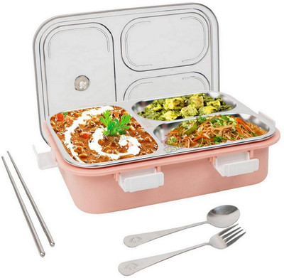 PBKN Steel Lunch Box for Women Men Office Use with Compartment & Spoon Fork 3 Containers Lunch Box(900 ml)