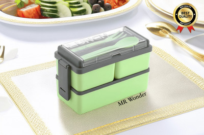 MR Wonder Premium Plastic Double Decker/Layer Lunch Box, 2 Spoon 3 Containers Lunch Box(1000 ml, Thermoware)