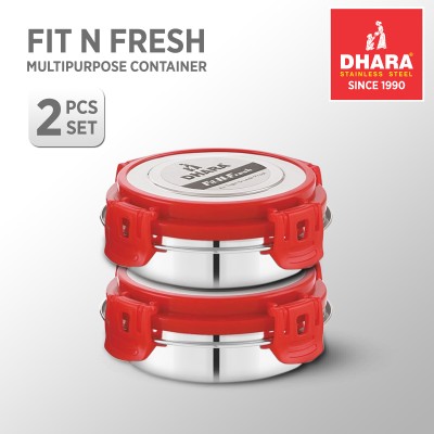 Dhara Stainless Steel FIT-N-FRESH Tiffin with 4 Side Lock Lid 2 Containers Lunch Box(400 ml)