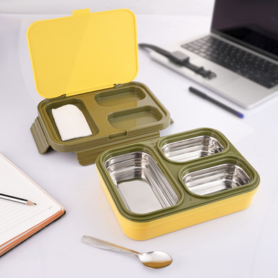 Nabhya 3 Compartment Stainless Steel Lunch Box for School With Steel Spoon 3 Containers Lunch Box(850 ml)