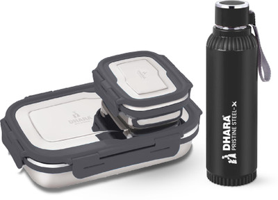 Dhara Stainless Steel Quench 700 ml Water Bottle + Blaze Tiffin Box 900ml and 200ml,(Black) 2 Containers Lunch Box(1100 ml) Dhara Stainless Steel Quench 700 ml Water Bottle + Blaze Tiffin Box 900ml and 200ml,(Black) 2 Containers Lunch Box(1100 ml)