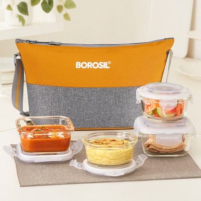 BOROSIL Zest Daisy Glass Lunchbox, 4pc Container (320ml x 2 Square + 240ml x 2 Round) 4 Containers Lunch Box(1120 ml)